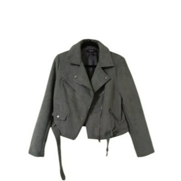 Forever 21 Olive Green Faux Suede Moto Jacket With Zipper Pockets & Belt Size L - Picture 1 of 12